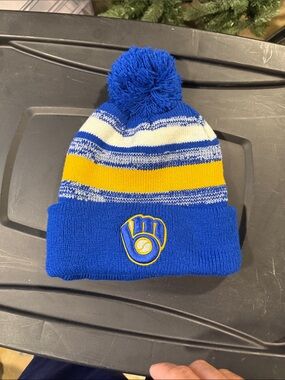Kids Blue and Yellow Pom Beanie Hat with Glove Logo